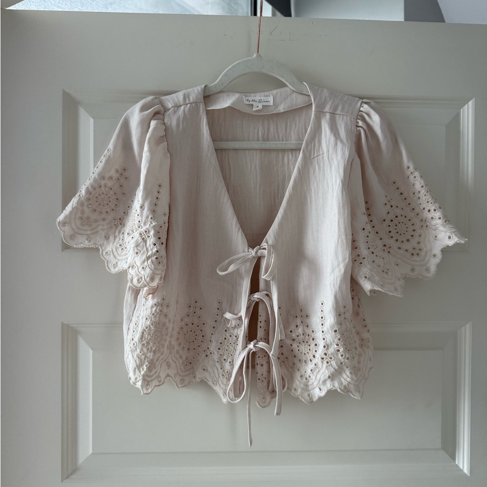 Tie-Front Eyelet Flutter Sleeve Blouse